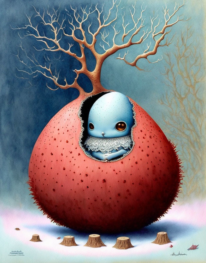 Blue creature in red fruit shell with tree on pastel background