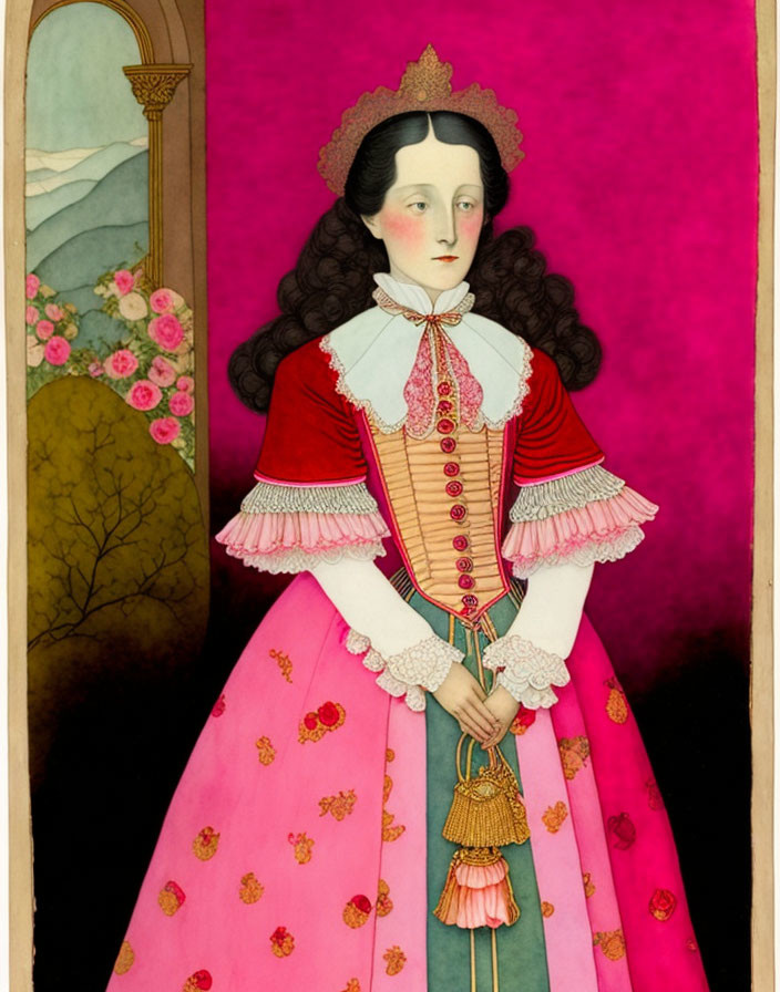 Historical woman in red and pink dress with fan on pink background and landscape view through window