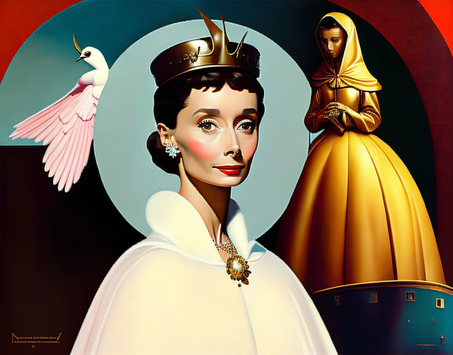 Regal woman, dove, and cloaked figure in triptych art