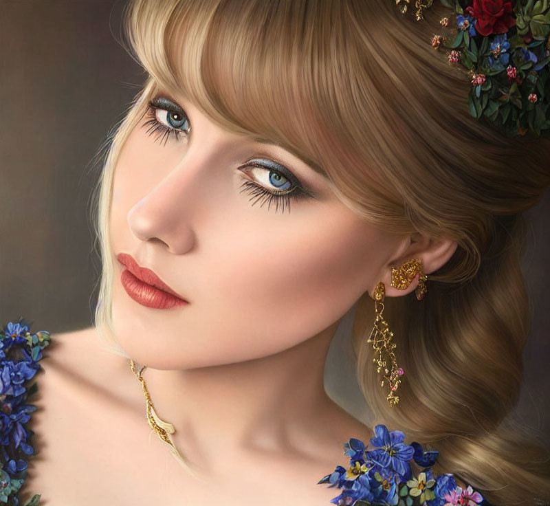 Portrait of Woman with Blue Eyes, Blonde Hair, Flowers, Gold Accessories