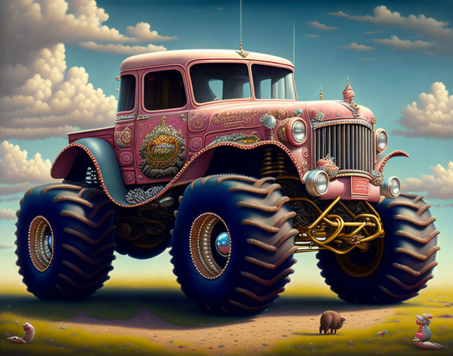 Ornate vintage monster truck with fantasy elements and intricate designs