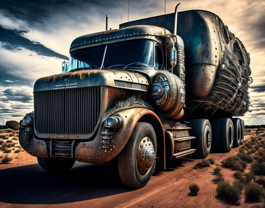 Rusted semi-truck with oversized tires transporting large spherical cargo in desert