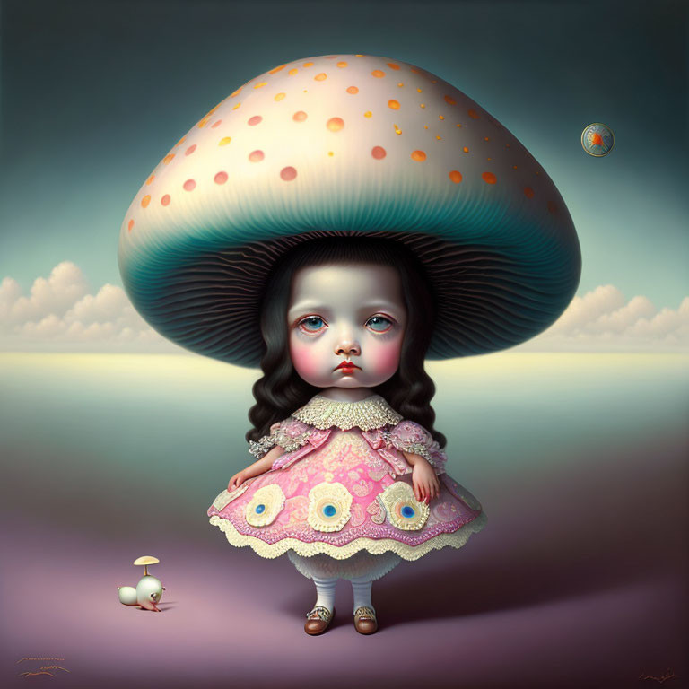 Surreal illustration of girl with mushroom head in whimsical landscape