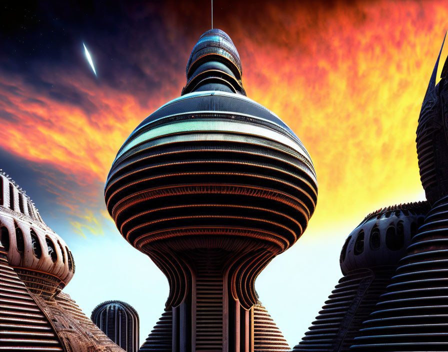 Futuristic cityscape with dome-shaped buildings at dusk