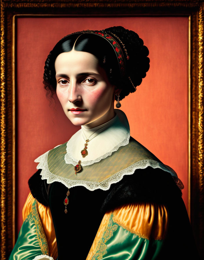 Traditional dress portrait of woman with lace collar and jewelry in gold frame