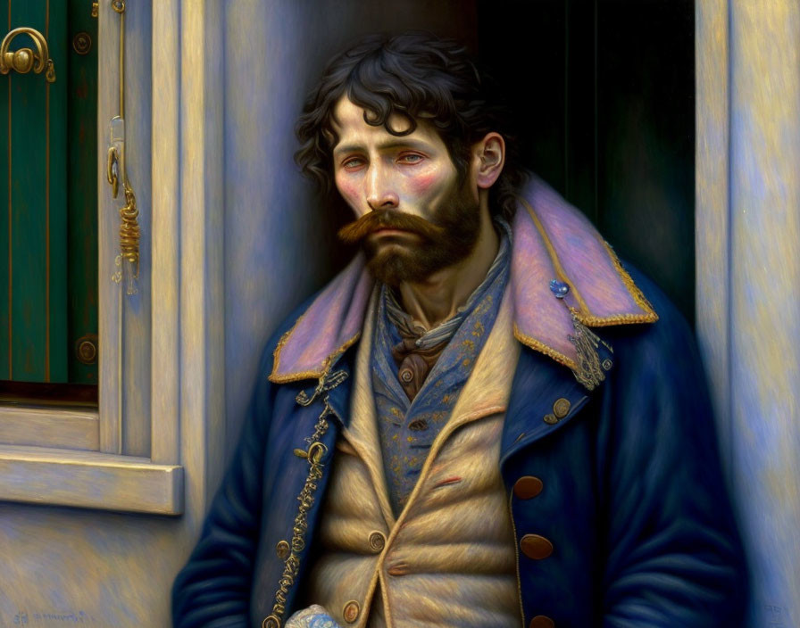 Detailed painting of a man in blue coat with beard and mustache