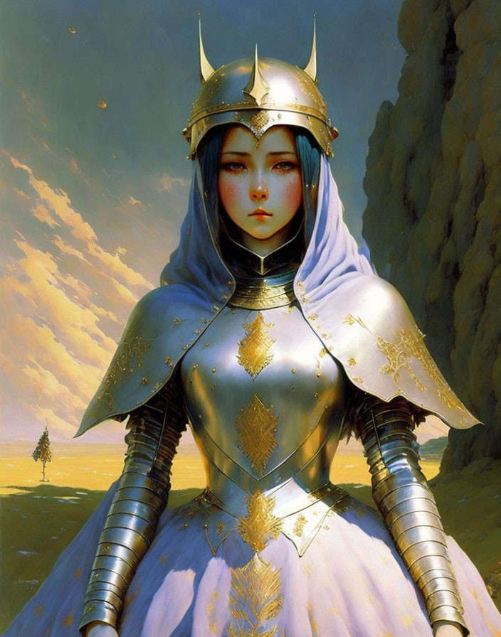 Female knight in ornate silver and gold armor beside rock formation