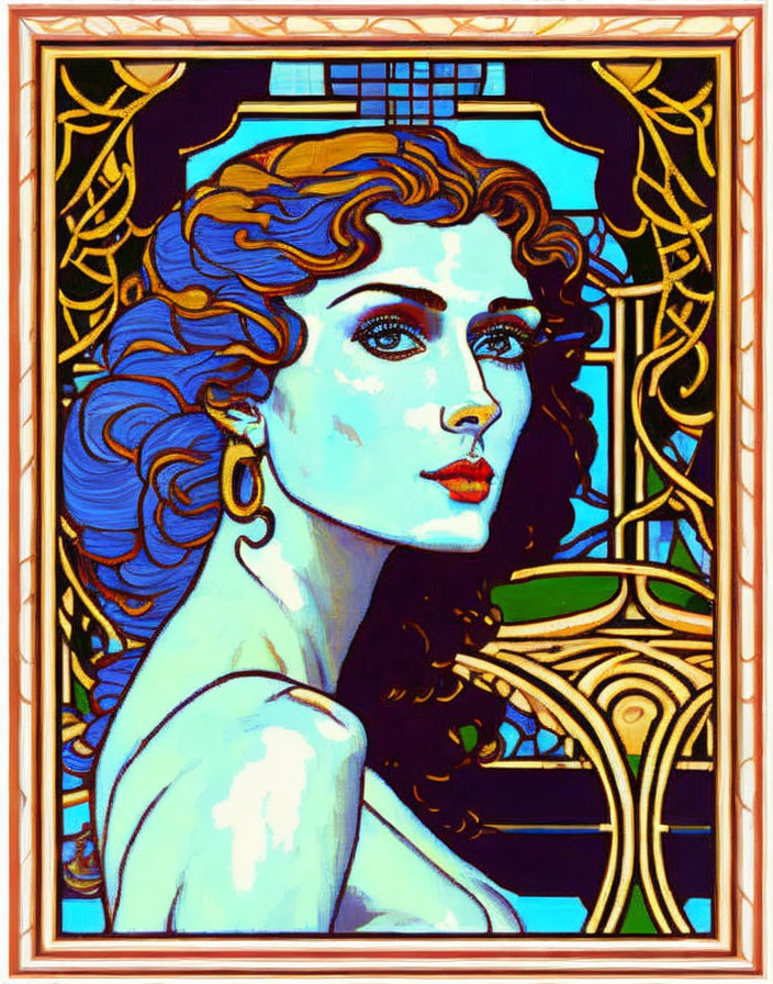 Stylized portrait of woman with blue hair and green skin against Art Nouveau backdrop