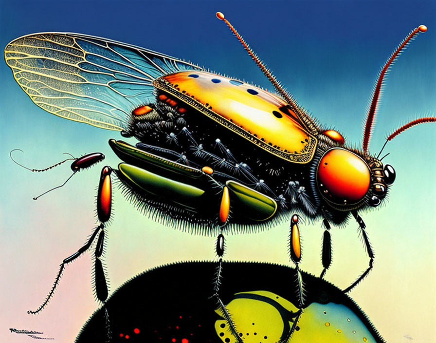 Mechanical insect with intricate details against gradient sky