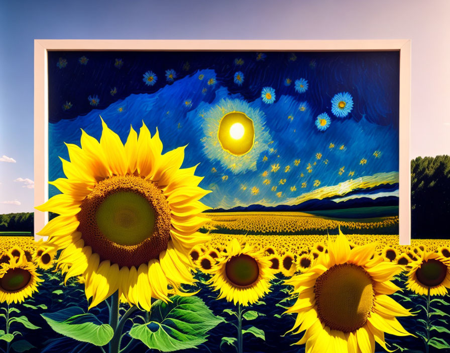 Surreal landscape with sunflowers & Van Gogh's "Starry Night" painting