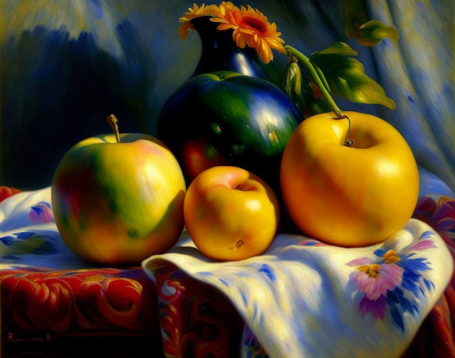 Colorful still-life painting with apples, blue-green vase, and orange flower on draped cloth