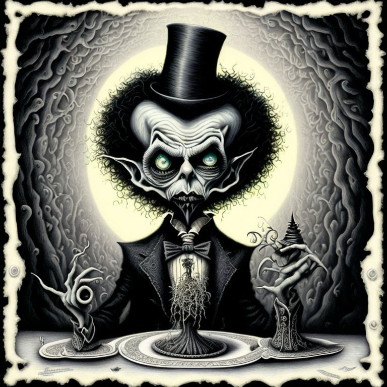 Gothic-style skeletal character with top hat and candle in moonlit scene