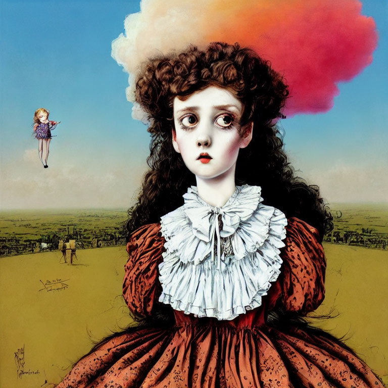 Surreal painting featuring girl with large eyes in Victorian dress