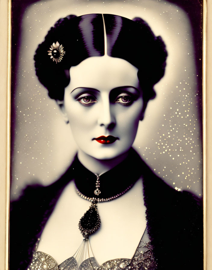 Vintage portrait of woman with red lips and bejeweled black dress against starry background