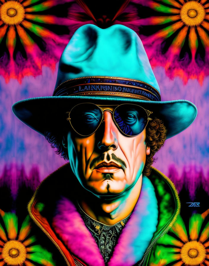 Colorful man portrait with turquoise hat and round sunglasses