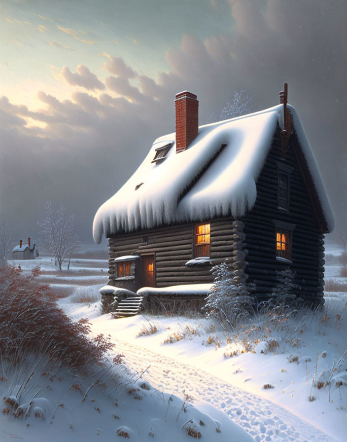 Snow-covered log cabin at dusk with glowing windows and chimney smoke in serene winter scene