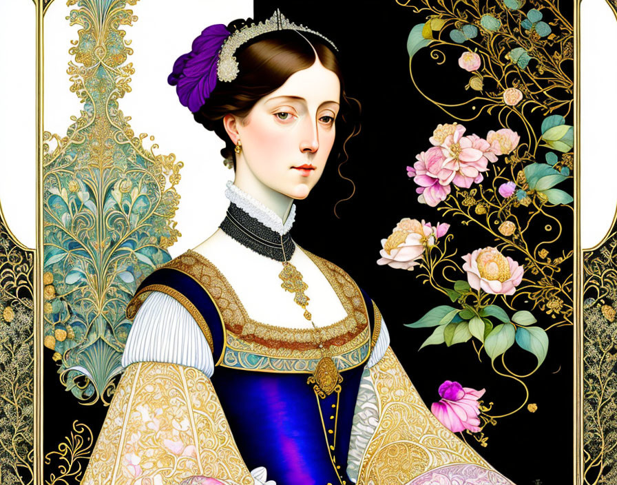 Regal woman in purple headpiece and blue dress with floral patterns