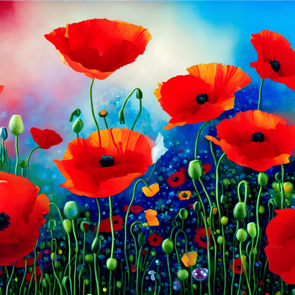 Colorful meadow: Red poppies with black centers under blue sky