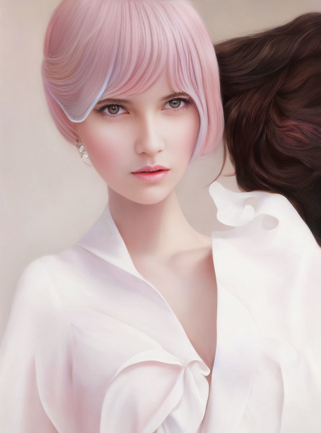 Digital illustration: Woman with pink hair, blue eyes, white blouse, bow, earring.