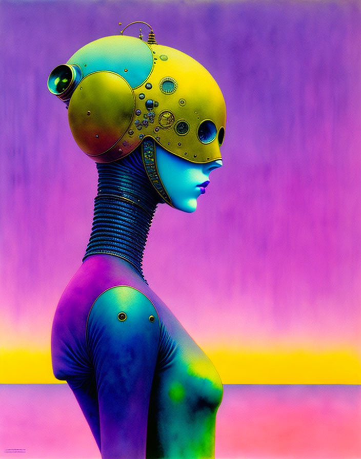 Colorful artistic representation of female figure with mechanical helmet on gradient background