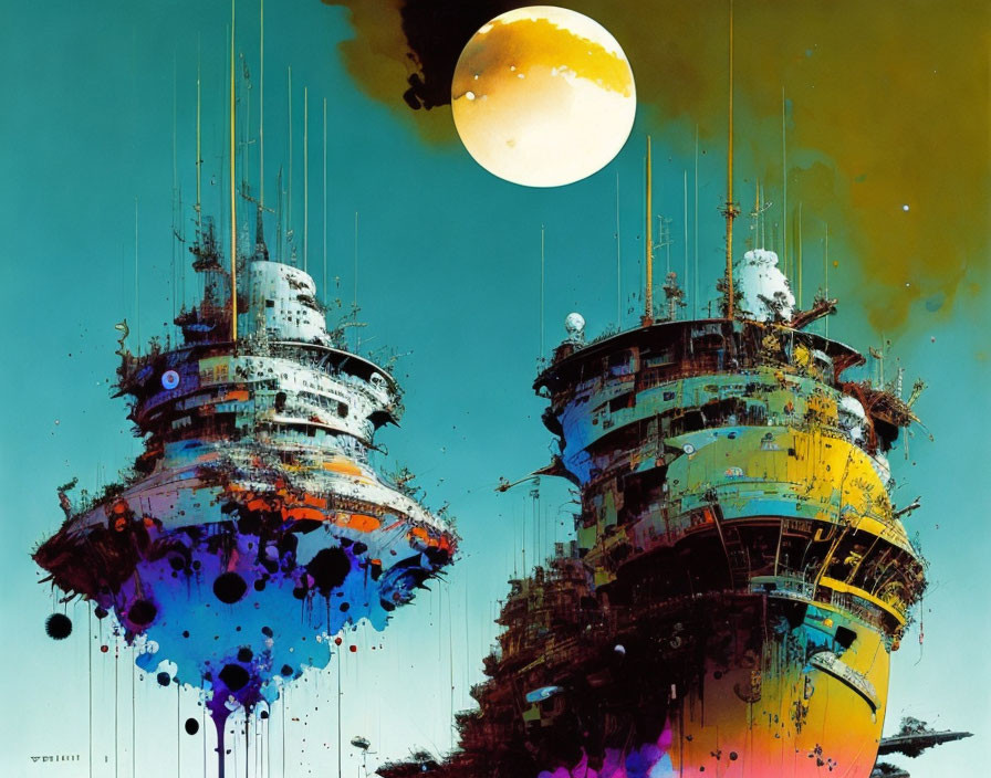 Vibrant futuristic floating cities under yellow moon in blue-brown sky