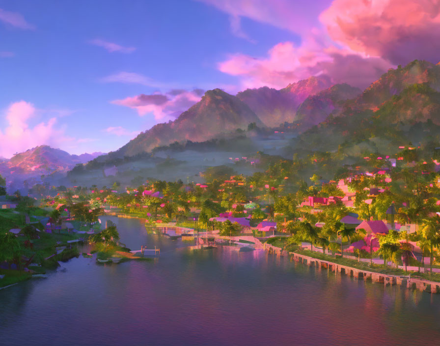 Scenic riverside town at sunset with pink and purple skies reflecting on water