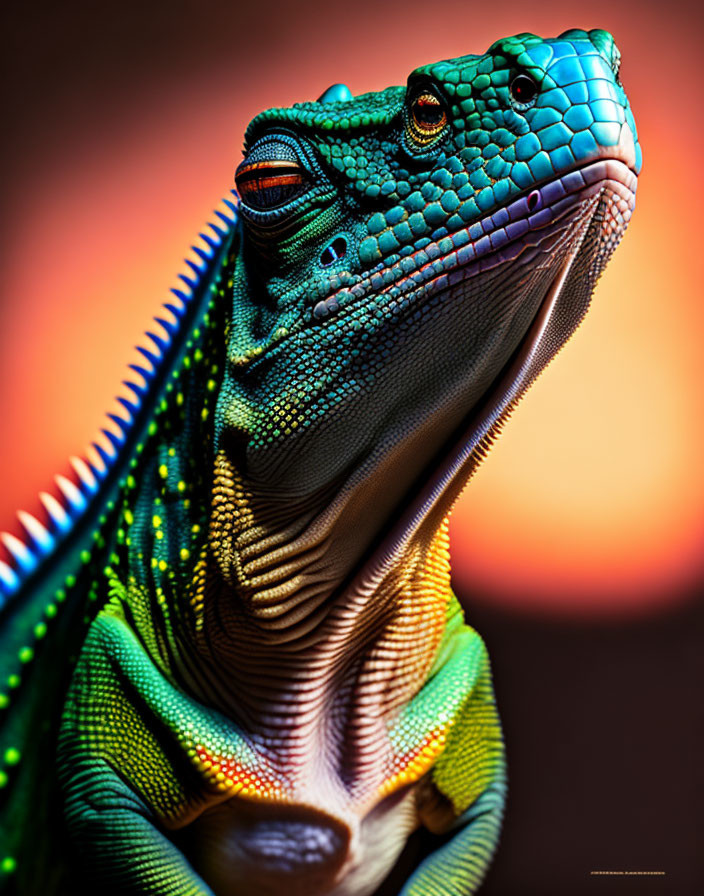 Colorful Green Iguana with Blue Scales and Vibrant Yellow Neck