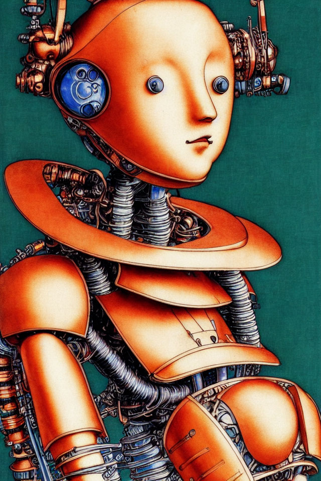 Detailed Illustration of Humanoid Robot with Orange Head