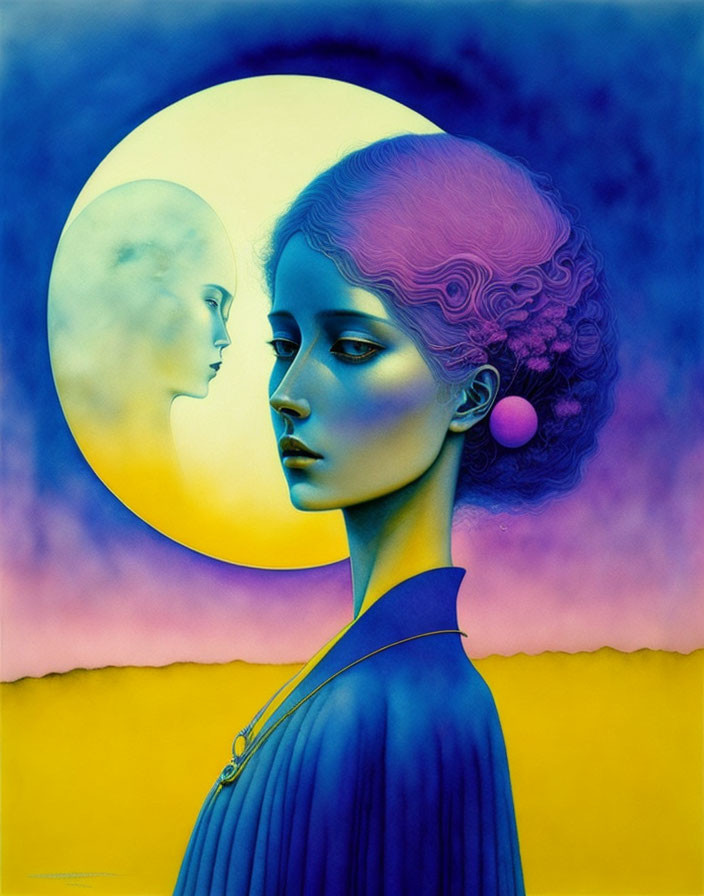 Surreal portrait of woman with purple-pink hair gazing at moon face on yellow-blue background