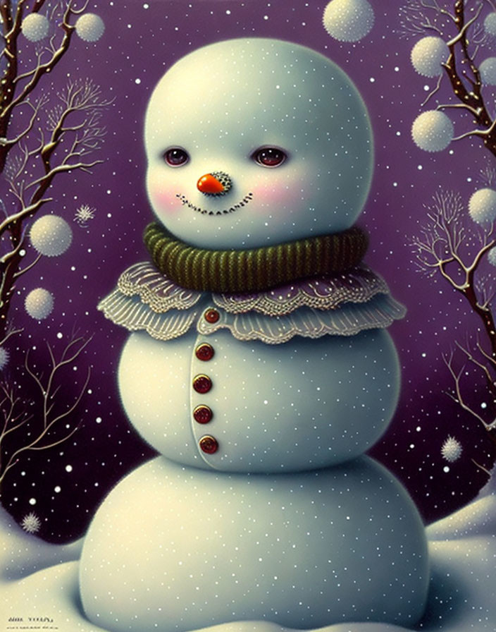 Snowman with green scarf in gentle snowfall and purple trees