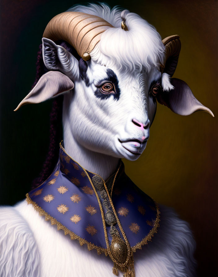 Regal anthropomorphic goat in blue and gold robe