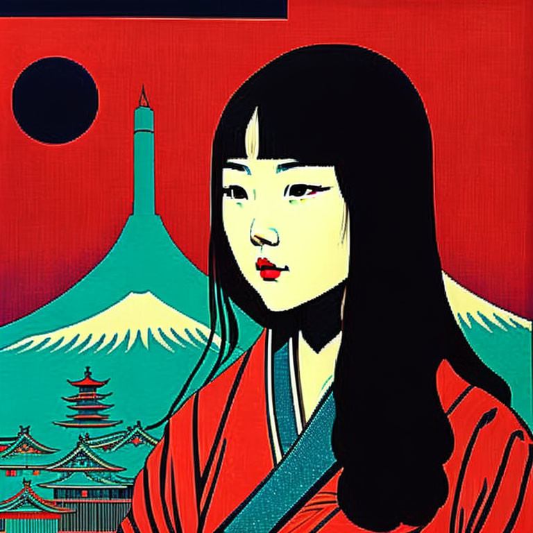 Traditional Japanese-themed artwork with woman in red kimono, Mt. Fuji, pagoda, and red