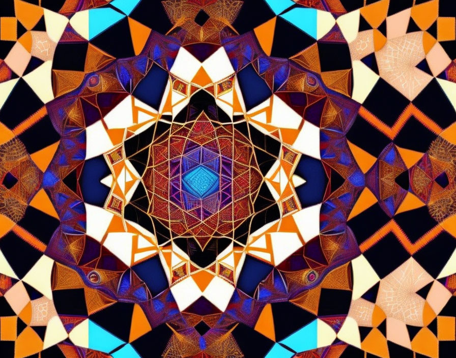 Colorful kaleidoscopic geometric patterns in blue, orange, and black