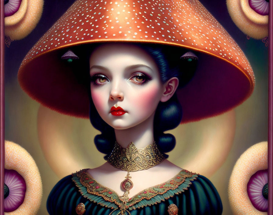 Surreal portrait of girl with dark eyes in mushroom hat and Victorian collar