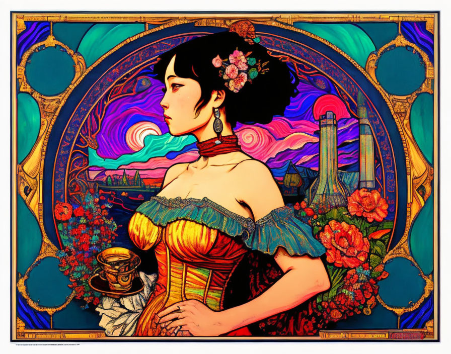 Woman with floral headdress and teacup in Art Nouveau style