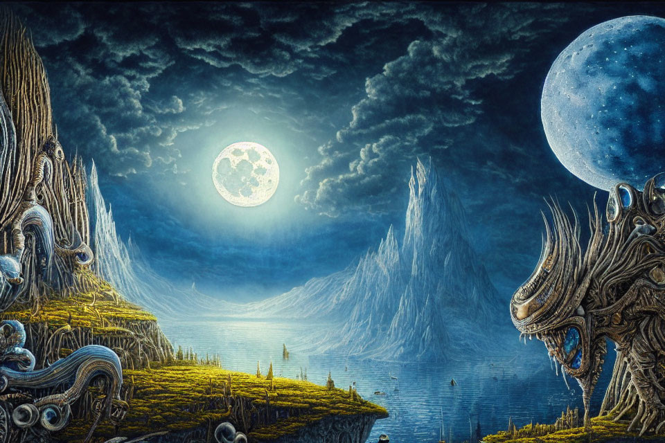 Alien structures in fantastical moonlit landscape