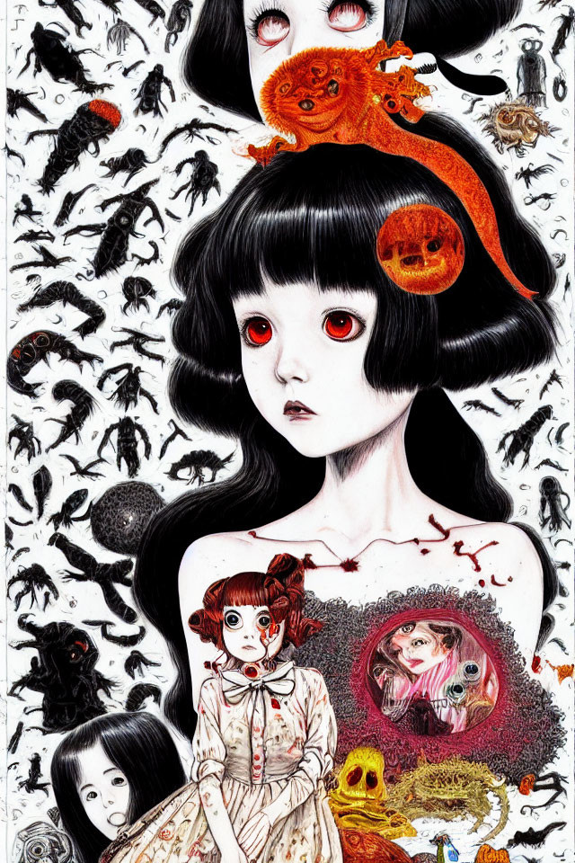 Gothic girl with red eyes and dark creatures in surreal illustration