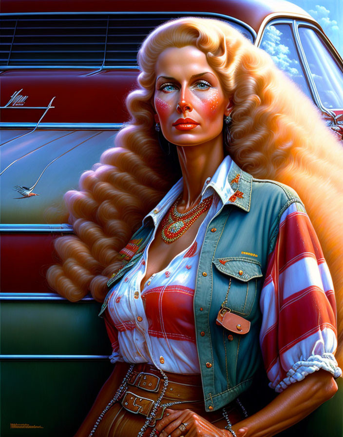 Stylized portrait of woman with blonde hair, dramatic makeup, colorful outfit, leaning on classic car