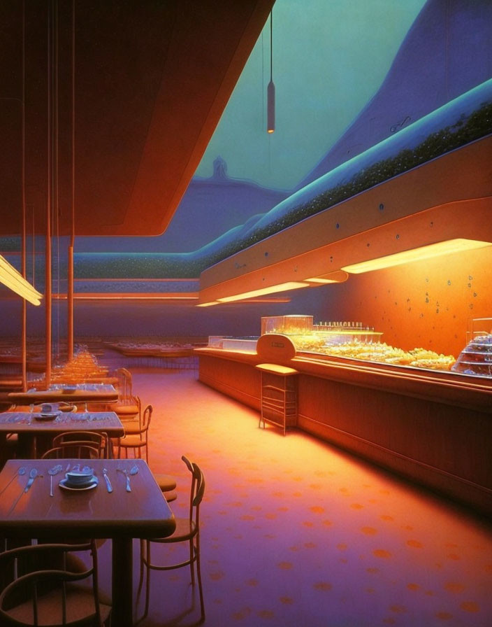 Retro-styled diner with warm hues, blue accents, neon lights, and cozy interior