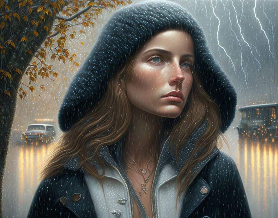 Woman in Blue Hooded Coat Watching Rain at Night