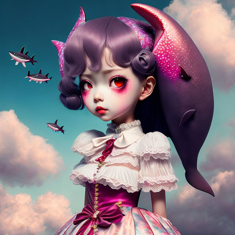 Whimsical digital art of girl with purple hair and horns in frilly dress