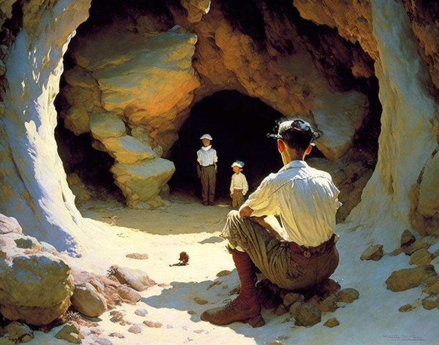 Group of Three People in Sunlit Cave Entrance Staring at Shadows