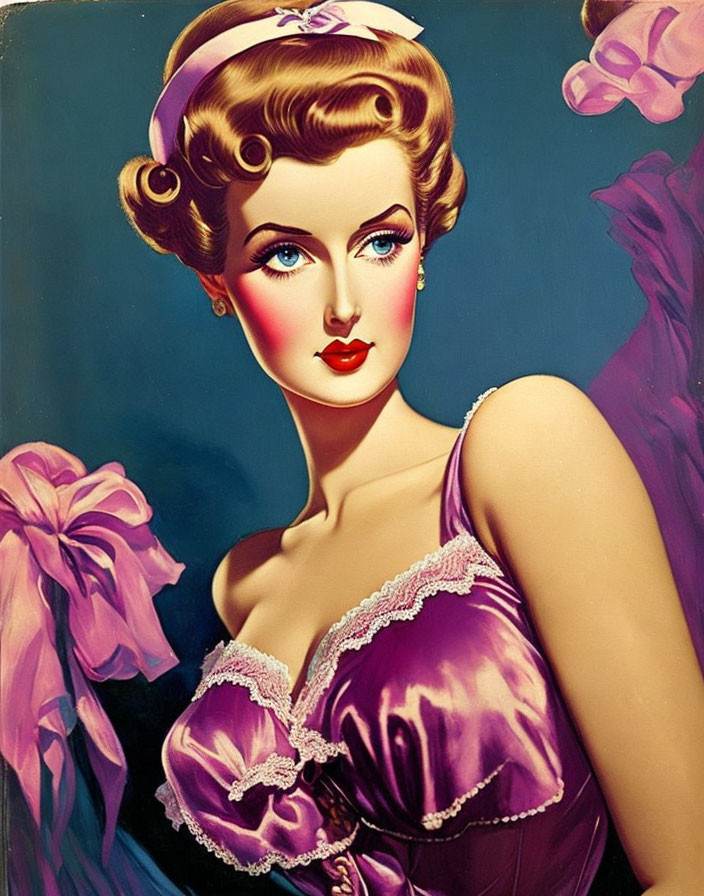 Vintage Illustration of Woman with Styled Hair and Red Lipstick in Purple Satin Dress