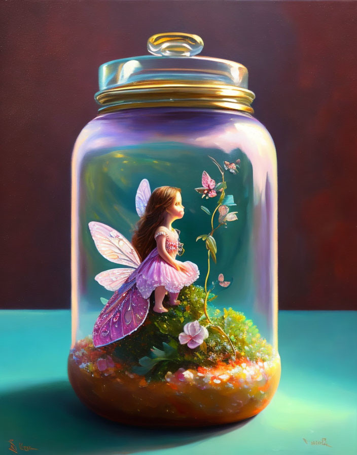 Fantastical painting: Small fairy with iridescent wings in glass jar surrounded by flowers & butterfly