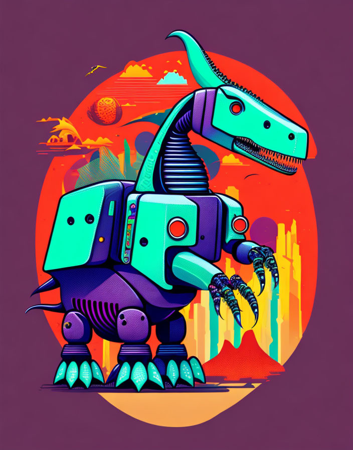 Vibrant robotic dinosaur in futuristic cityscape with stylized sun