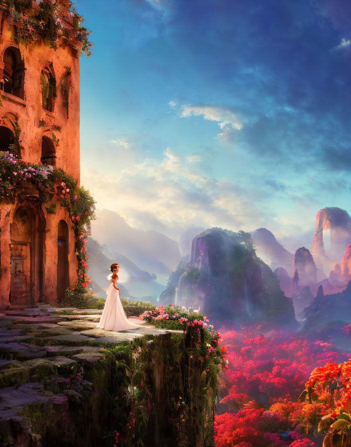 Woman in white dress on ancient stone pathway surrounded by red flowers, misty mountains.