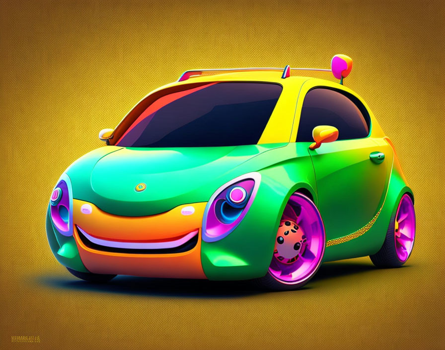 Vibrant cartoon car with green body and orange accents