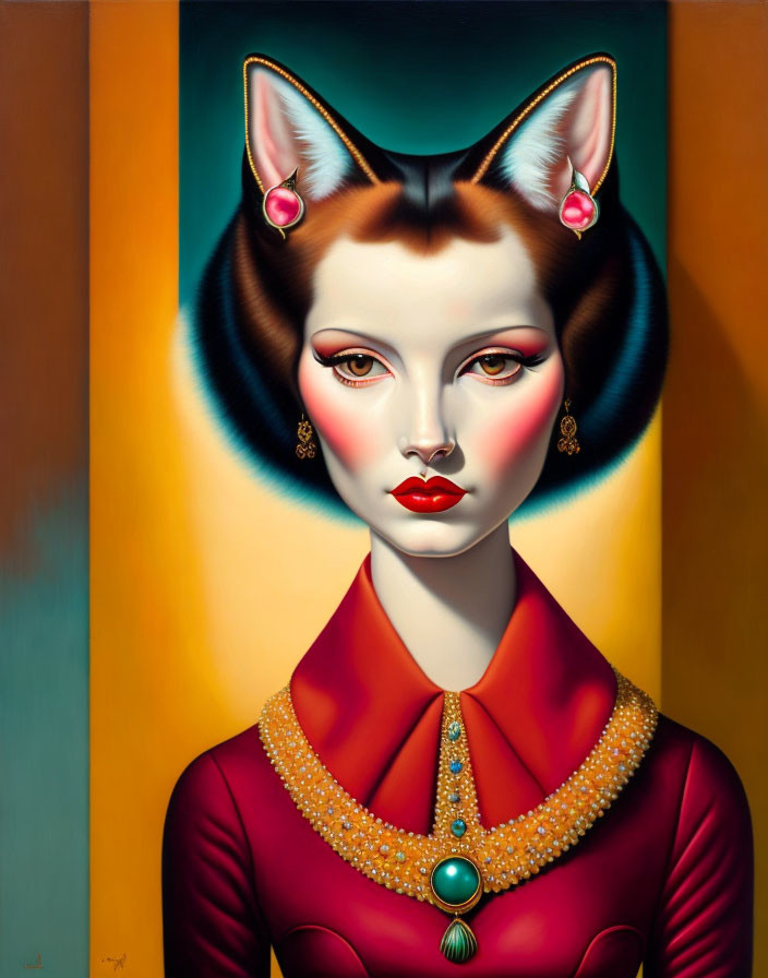 Surreal portrait of woman with feline features on dual-toned background