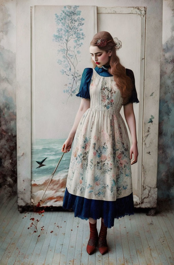 Woman in vintage floral dress painting in whimsical room