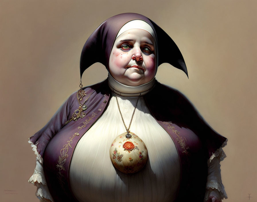 Stylized portrait of plump nun in habit and cross necklace